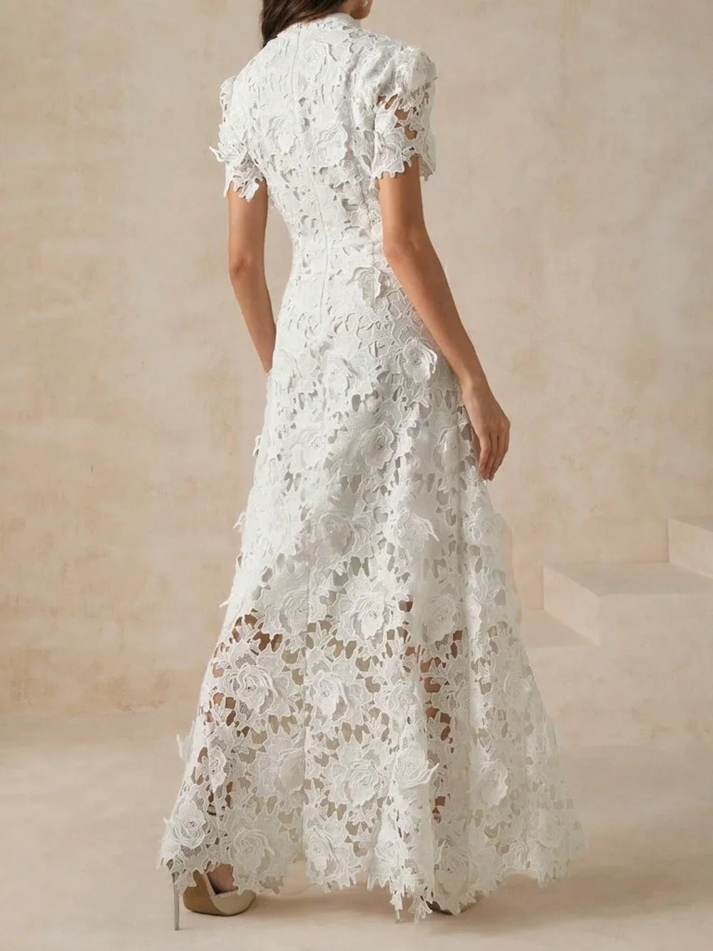 White Elegant Women's Slim Fit Lace Trimmed Maxi Dress - Picture 2 of 7